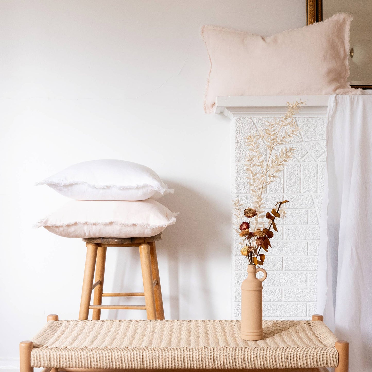 Square Fringed Linen Pillow Cover - Blush