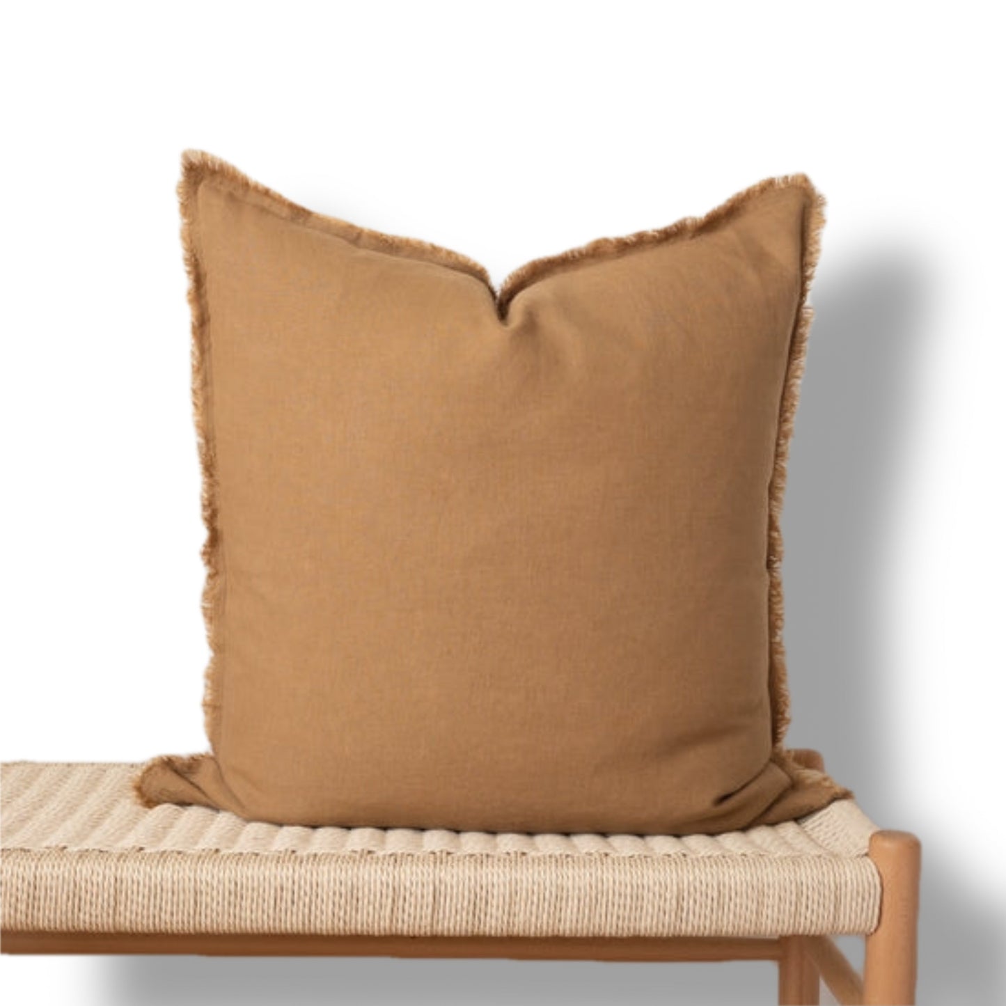 Square Fringed Linen Pillow Cover - Camel