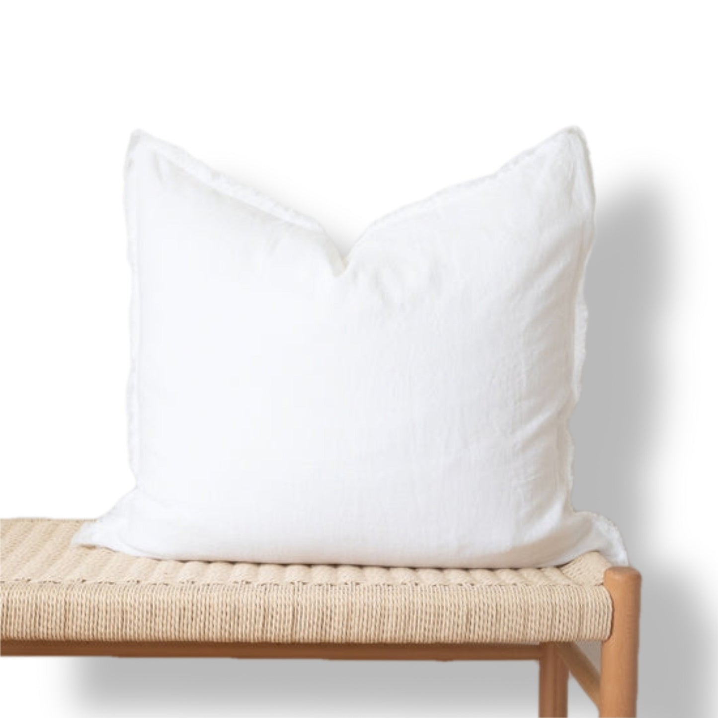 Square Fringed Linen Pillow Cover - White