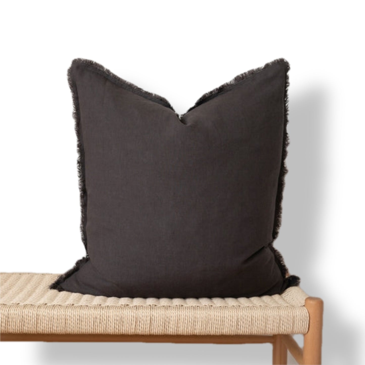 Square Fringed Linen Pillow Cover - Charcoal