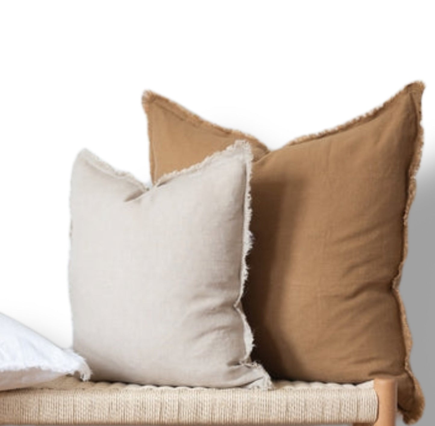 Square Fringed Linen Pillow Cover - Camel