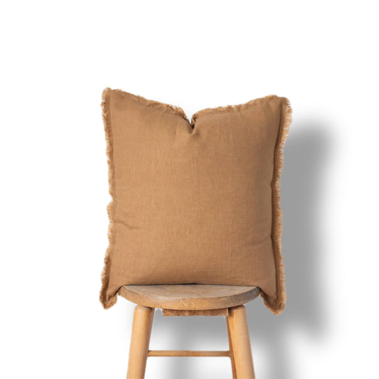 Square Fringed Linen Pillow Cover - Camel