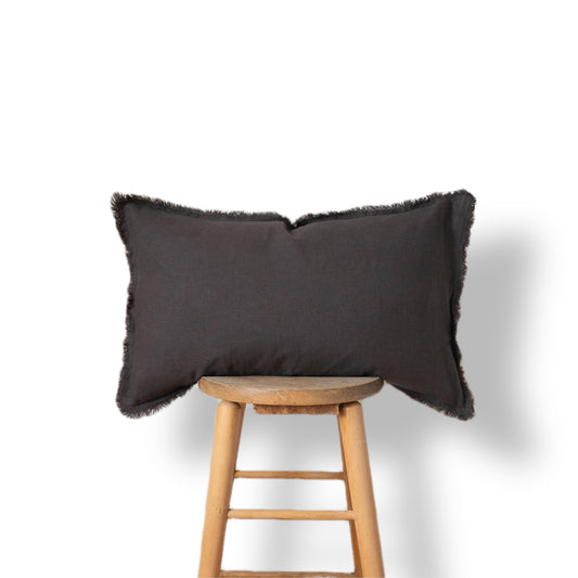 Lumbar Fringed Linen Pillow Cover - Charcoal