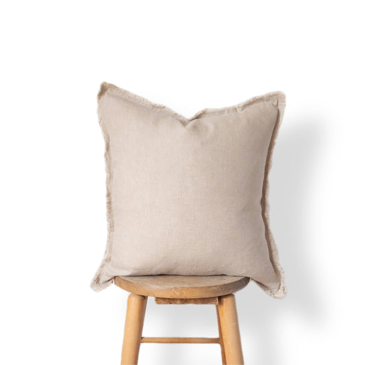 Square Fringed Linen Pillow Cover - Natural