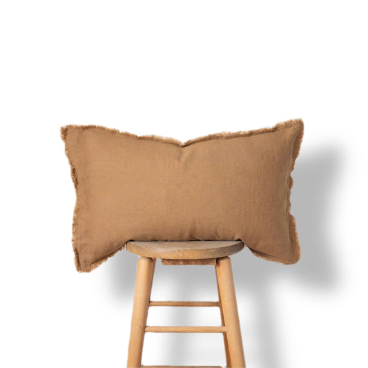 Lumbar Fringed Linen Pillow Cover - Camel