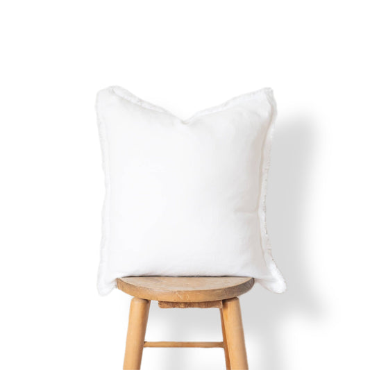 Square Fringed Linen Pillow Cover - White